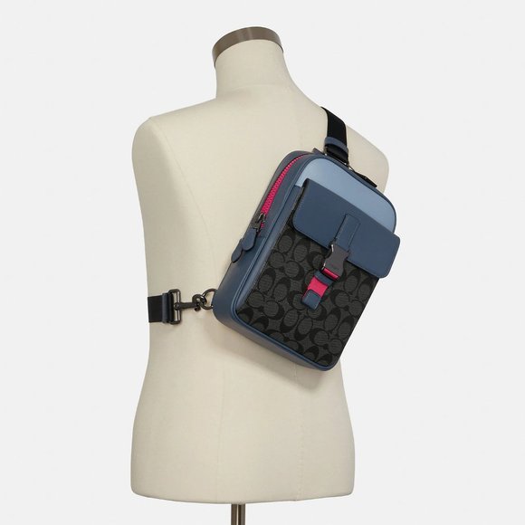 ❤️ Coach Track Pack In Colorblock Signature Canvas Blue Gunmetal 💙 - Picture 4 of 7